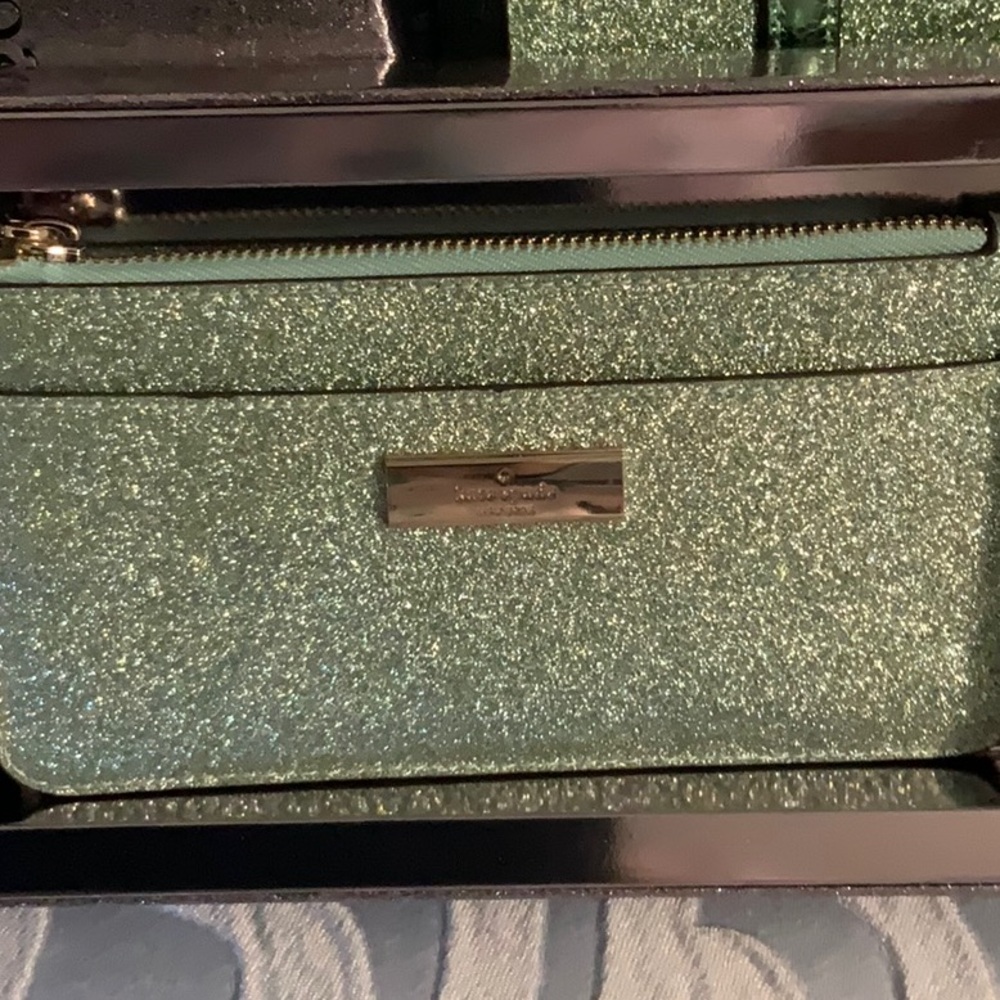 Kate Spade NWT Mini Tote Green Gold Glitter Bag, Wallet, Card Case Retail$580 - Picture 4 of 14